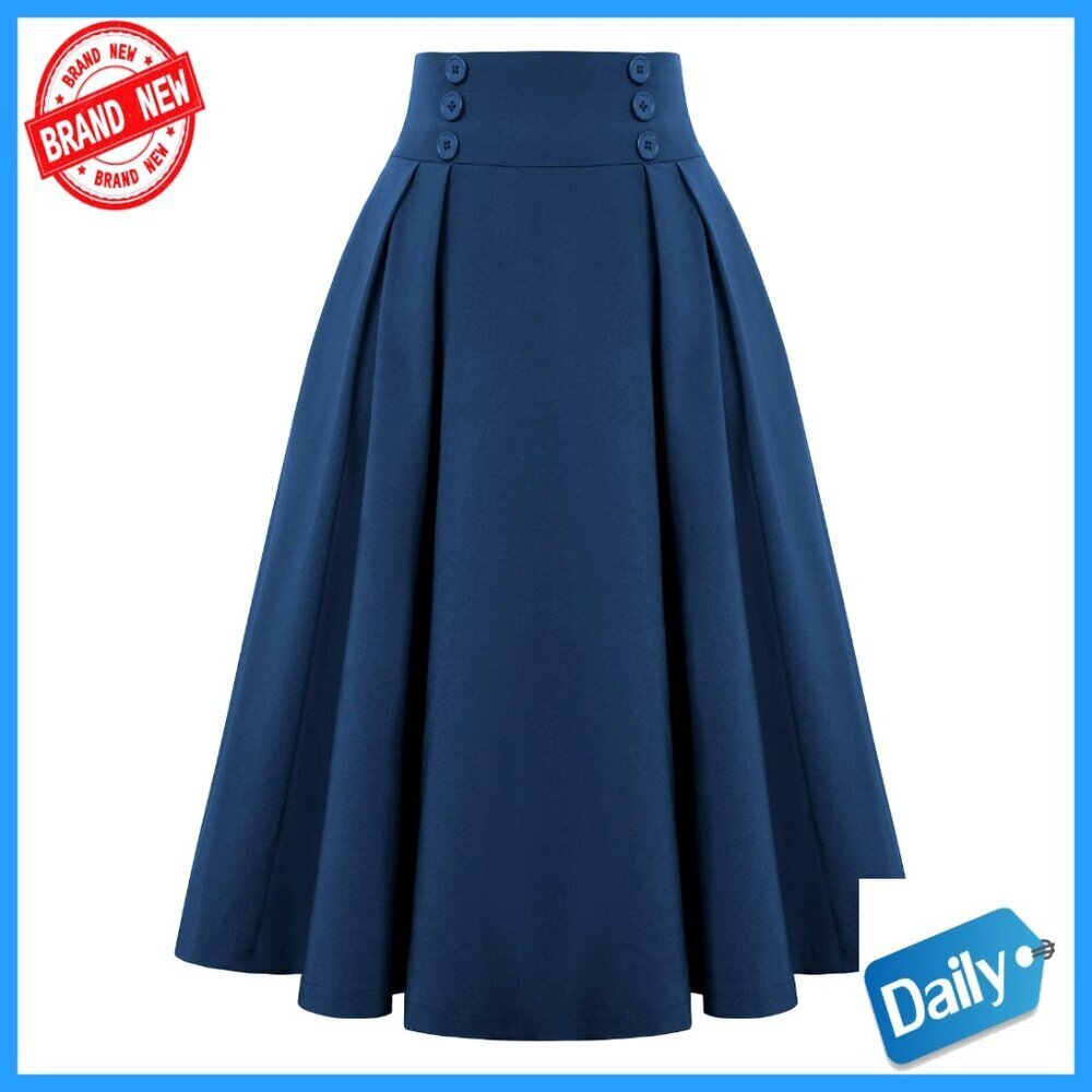 Vintage High Waist Pleated Midi A-Line Skirt with Pockets